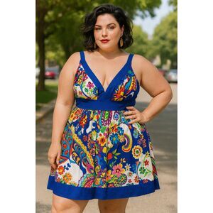 ICE Multicolor Floral Summer Y2K Empire Waist Mini Dress   Women's Plus Size 14